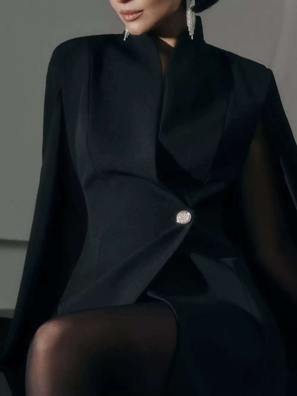 One Button Fitted Mini Blazer Dress with Cape Sleeves, image 3