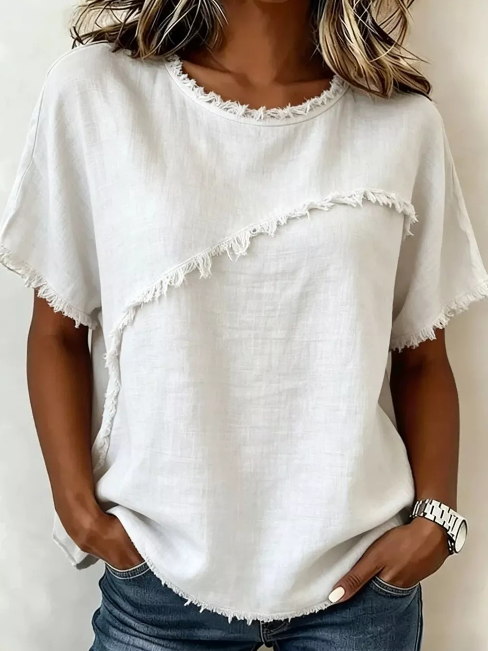 Full Size Frayed Hem Short Sleeve Top Plus Size, image 13