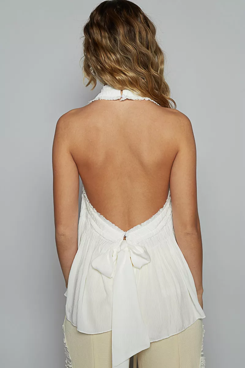 Backless Halter Sleeveless Top with Smocking Shirring Detail, image 3