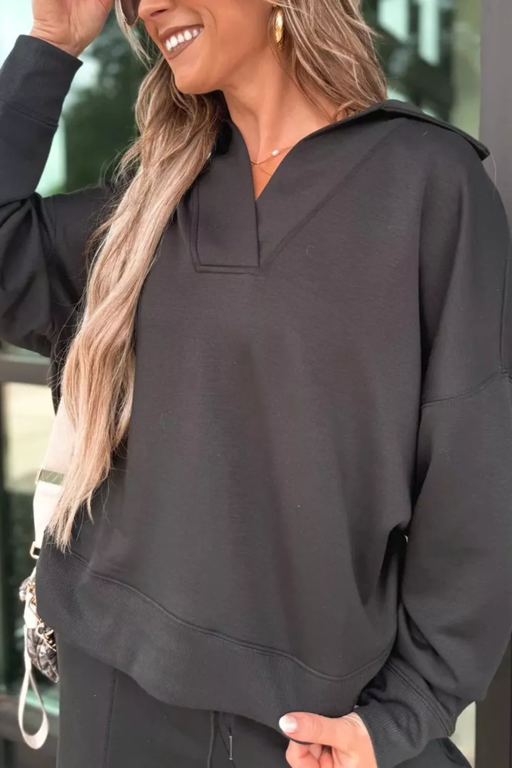 Collared V Neck Pullover Sweatshirt Sweatpants Set, image 5