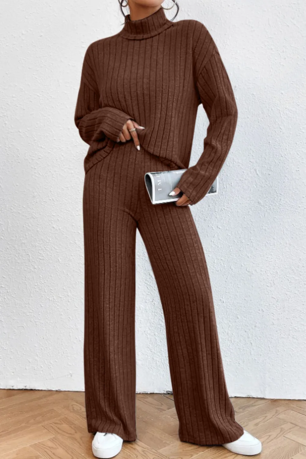 Mock Neck Dropped Shoulder Top and Pants Set, image 21