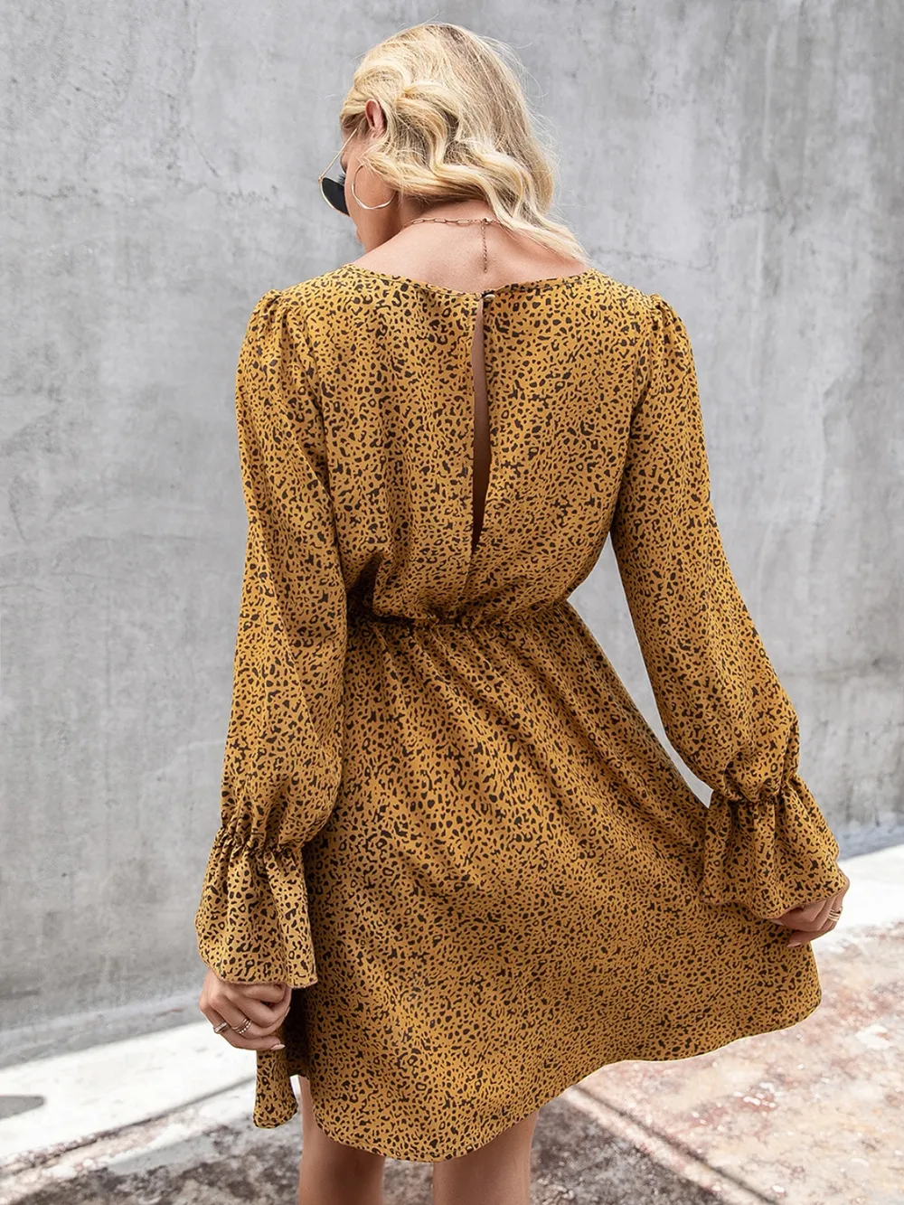 Decorative Button V-Neck Flounce Sleeve Dress, image 7
