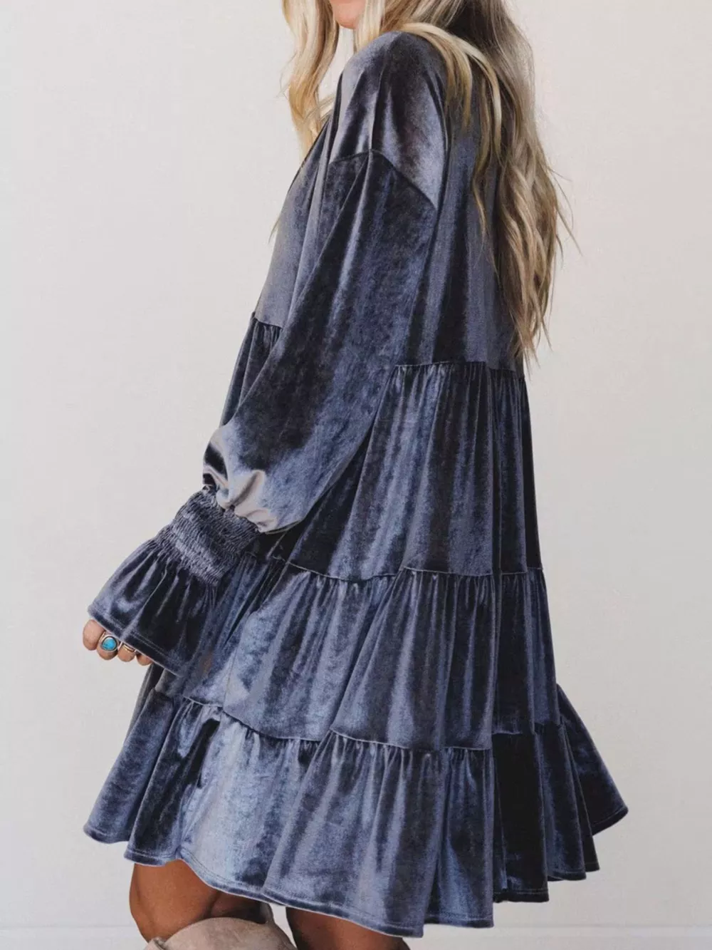 Velvet Tiered Mini Dress with Balloon Sleeves, image 14
