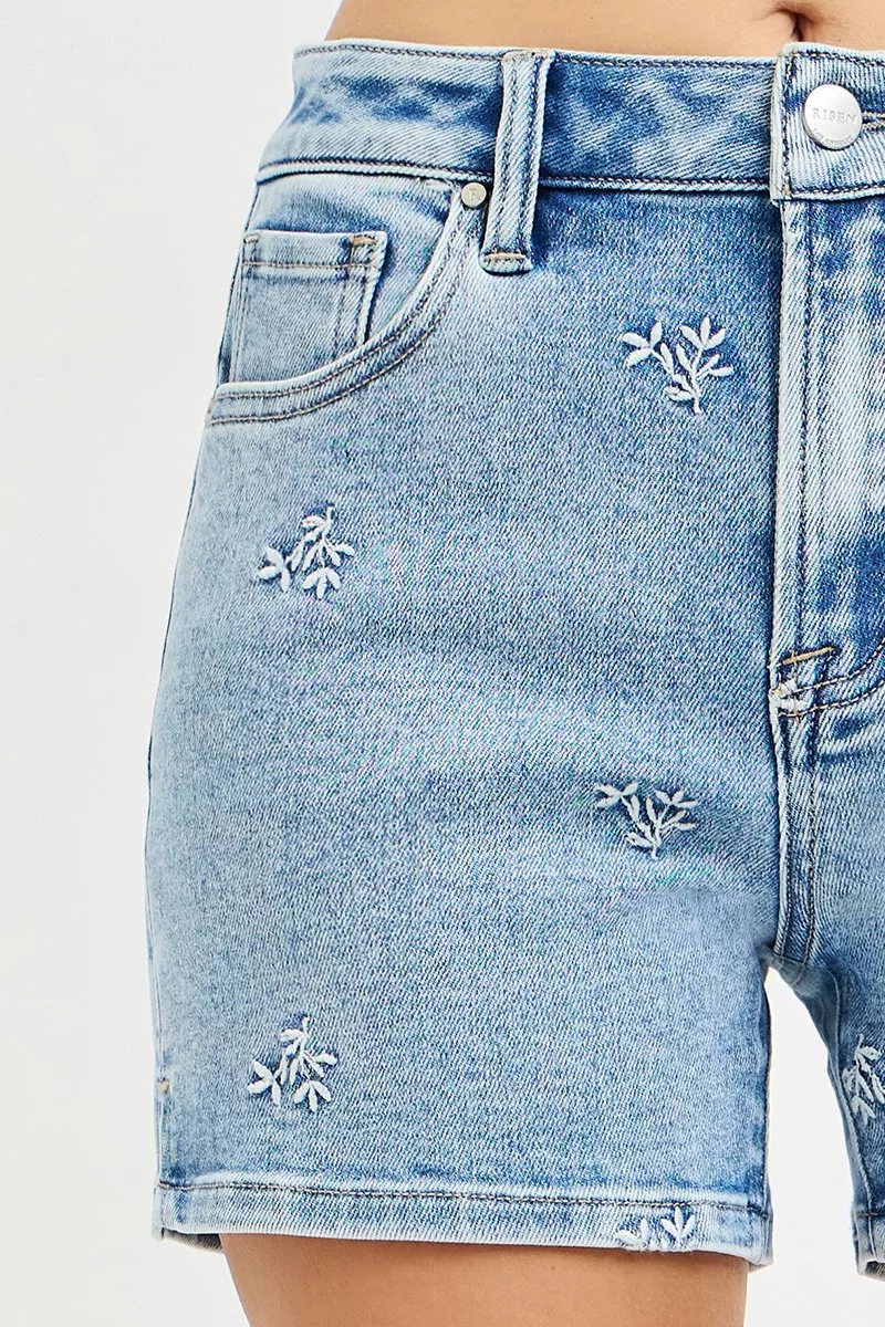 High Rise Denim Shorts with Embroidered Detail, image 7