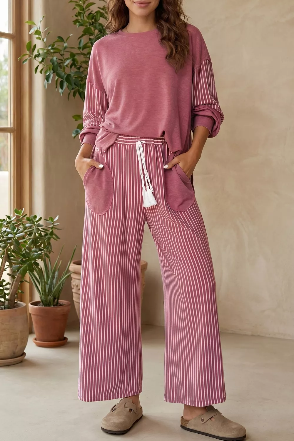 Rae Edge Patchwork Long Sleeve Top and Pocket Casual Pants Set