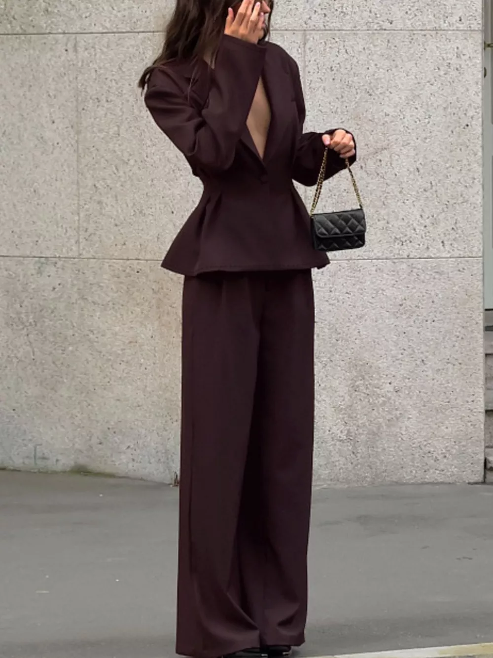 One-Button Blazer and Wide-Leg Pants Set, image 5