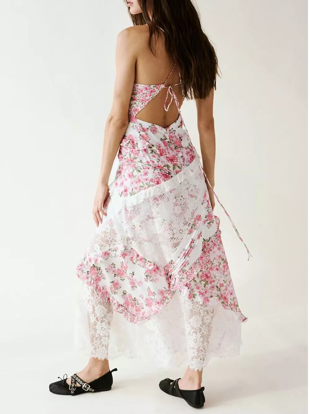 Lace Floral Print Ruffle Trim Maxi Dress, image 11