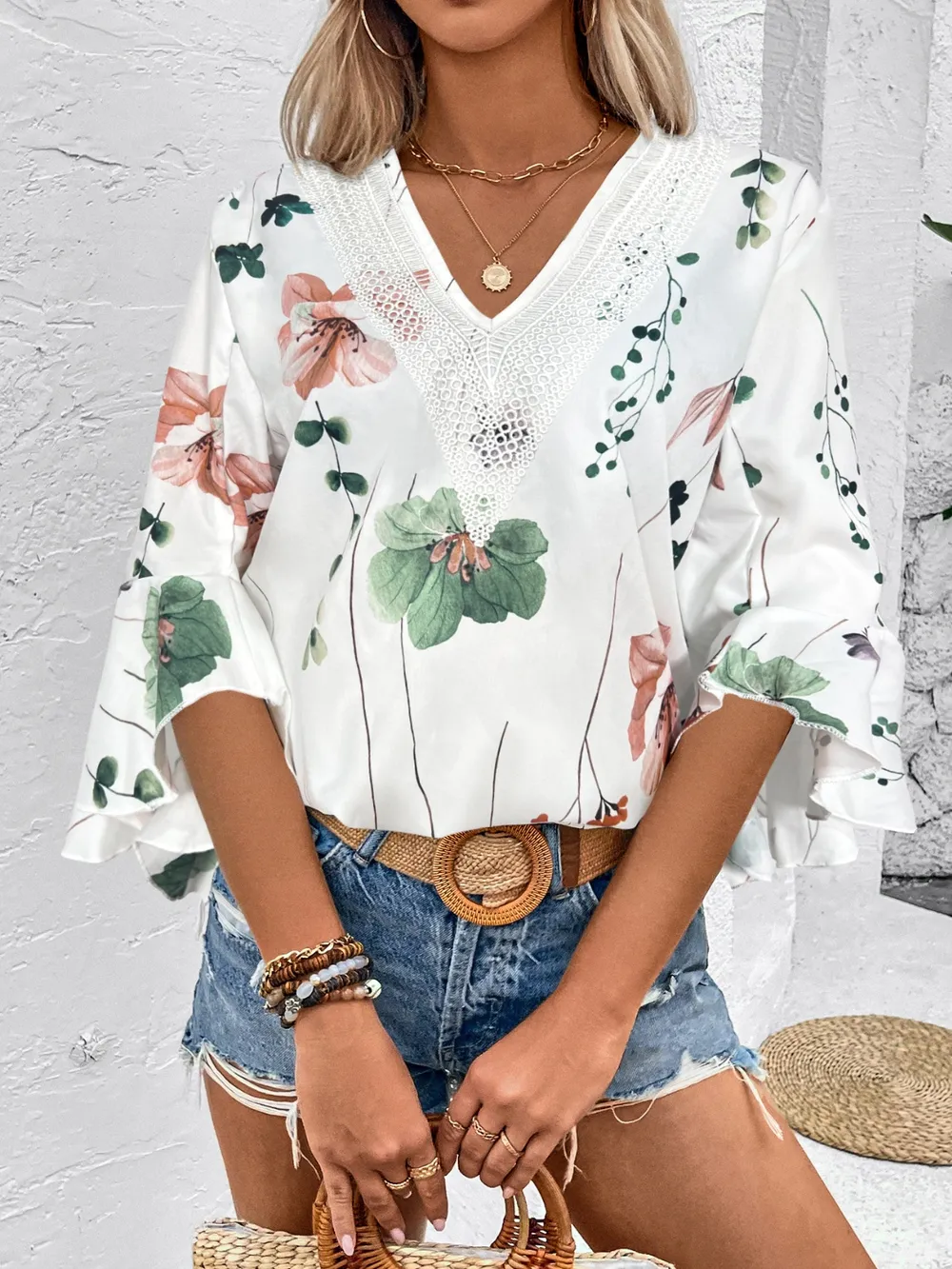 Ruffled Printed V-Neck Half Sleeve Blouse, image 6
