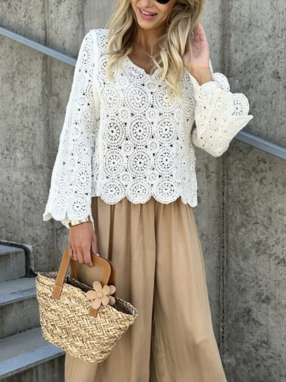 Crochet Lace V-Neck Bell Sleeve Knit Top, image 13