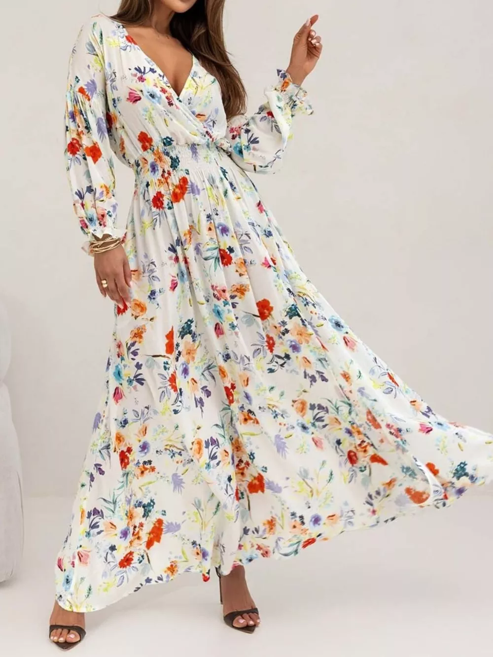 Bohemian Printed Maxi Dress with Plunging Neckline, image 9