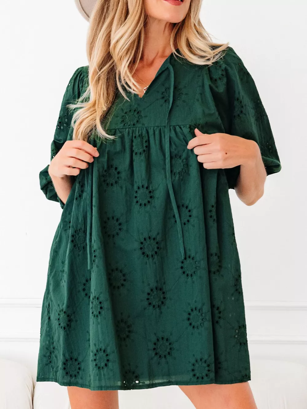 Embroidered Eyelet Pattern 3/4 Puffy Sleeve Swing Mini Dress, image 3