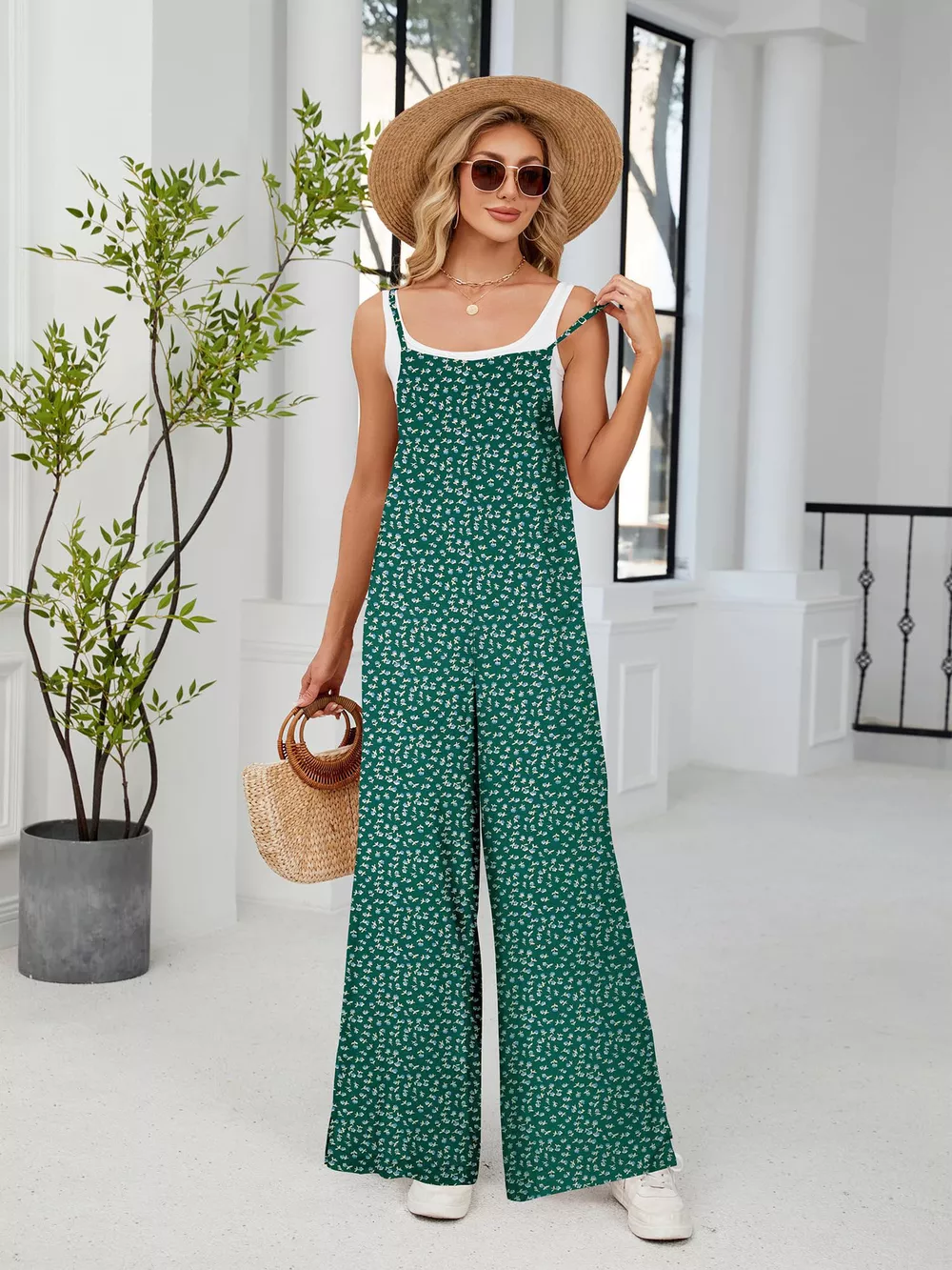 Full Size Floral Print Wide Leg Casual Jumpsuit Plus Size, image 3
