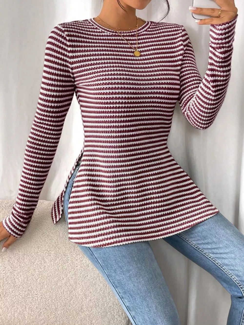Slit Striped Long Sleeve Casual T-Shirt, image 12