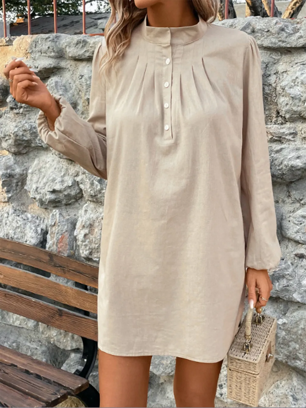 Half Button Mock Neck Long Sleeve Mini Shirt Dress, image 6
