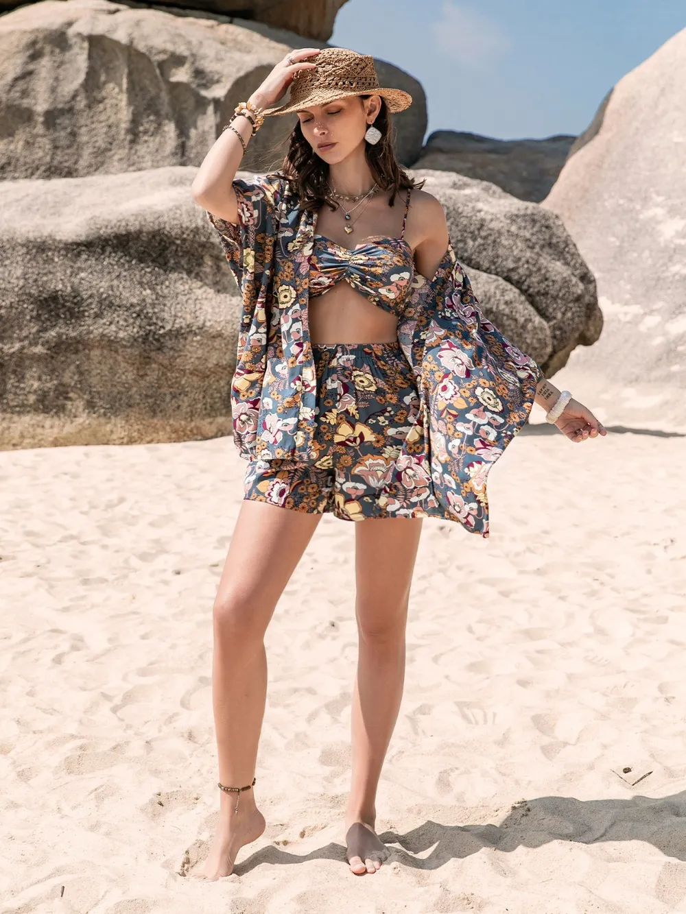Printed Bra, Cover-Up and Shorts Set, image 3