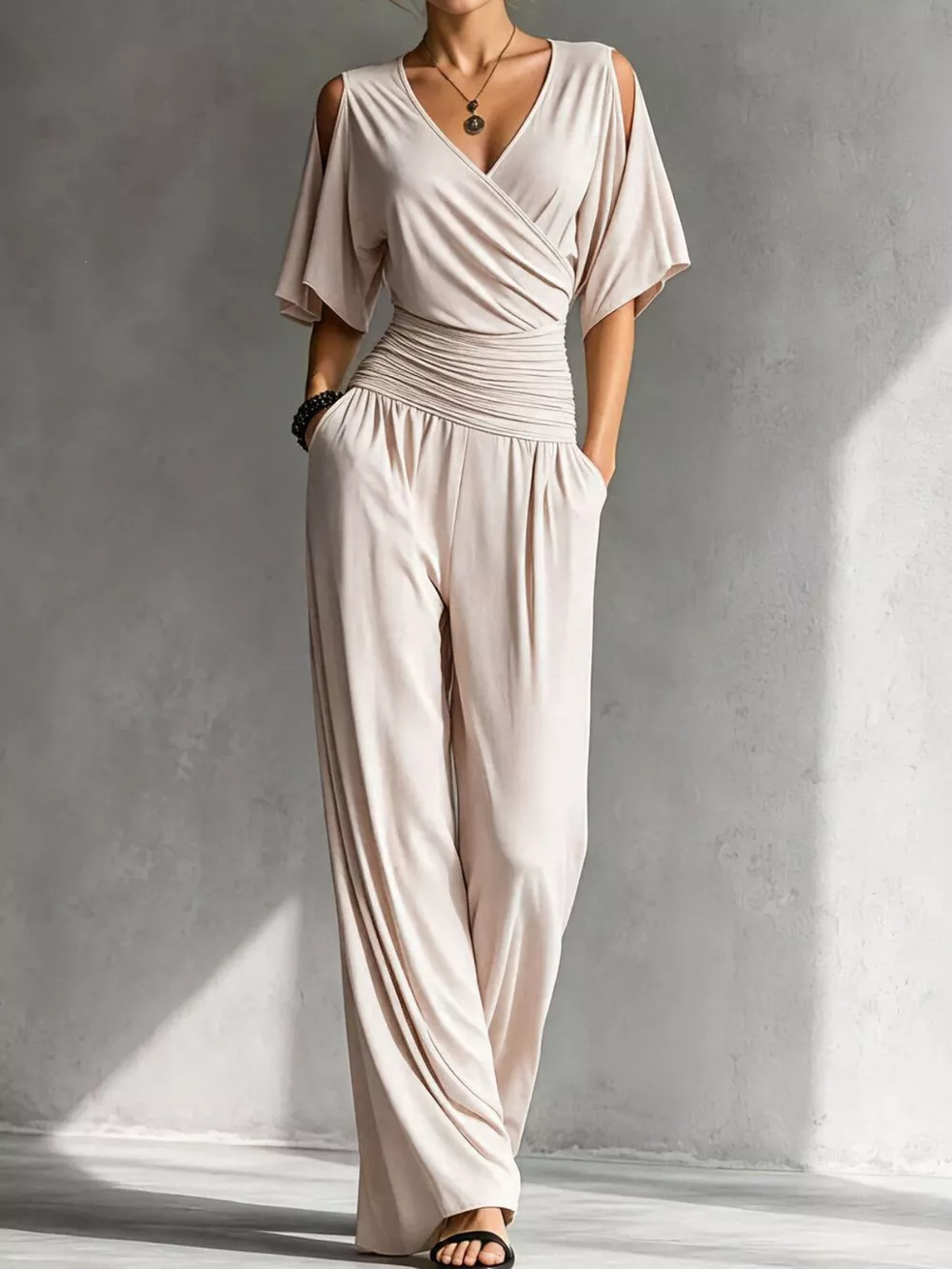 Cold Shoulder Ruched Waist Wide-Leg Jumpsuit