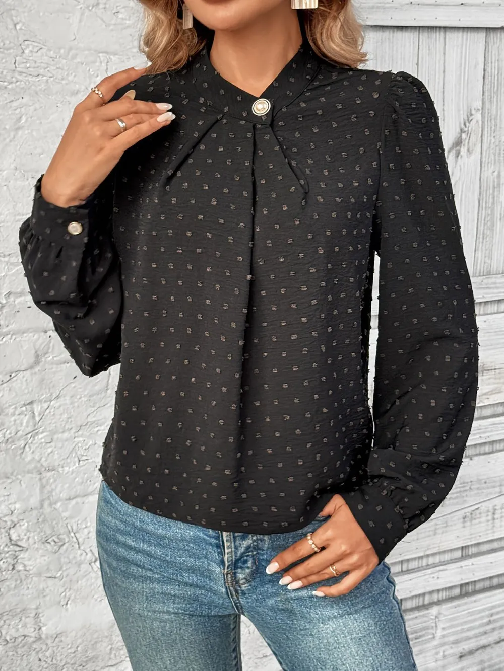 Swiss Dot Mock Neck Long Sleeve Blouse, image 4