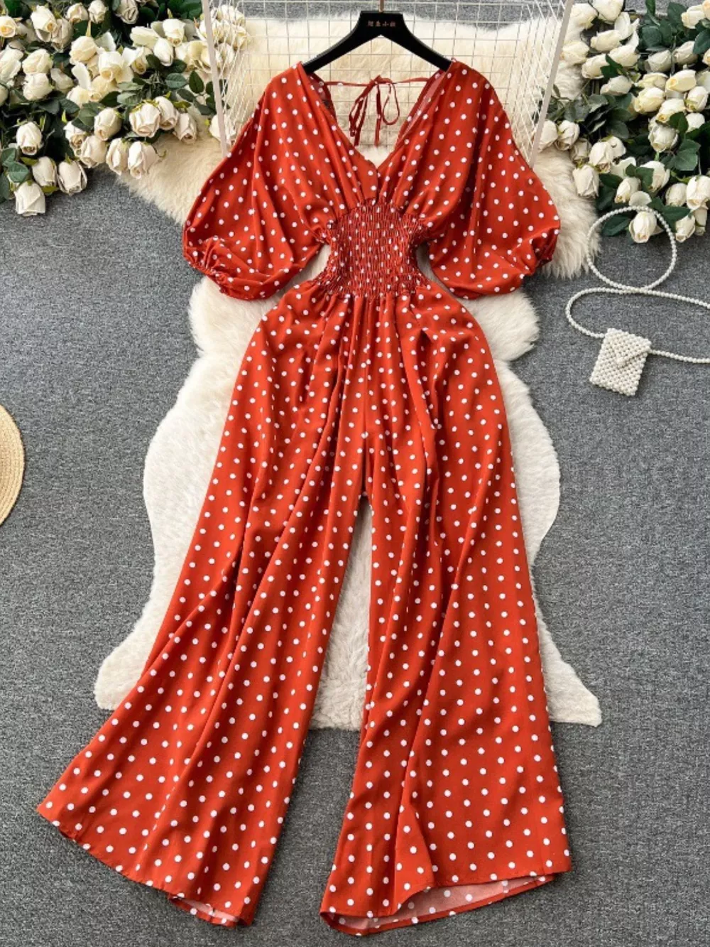 Smocked V-Neck Wide Leg Jumpsuit, image 13
