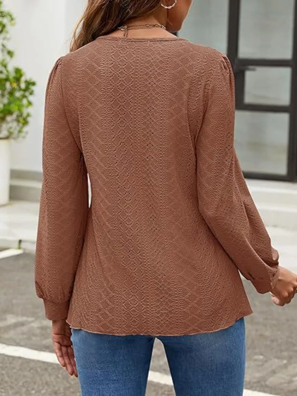 Eyelet Round Neck Long Sleeve Top, image 9