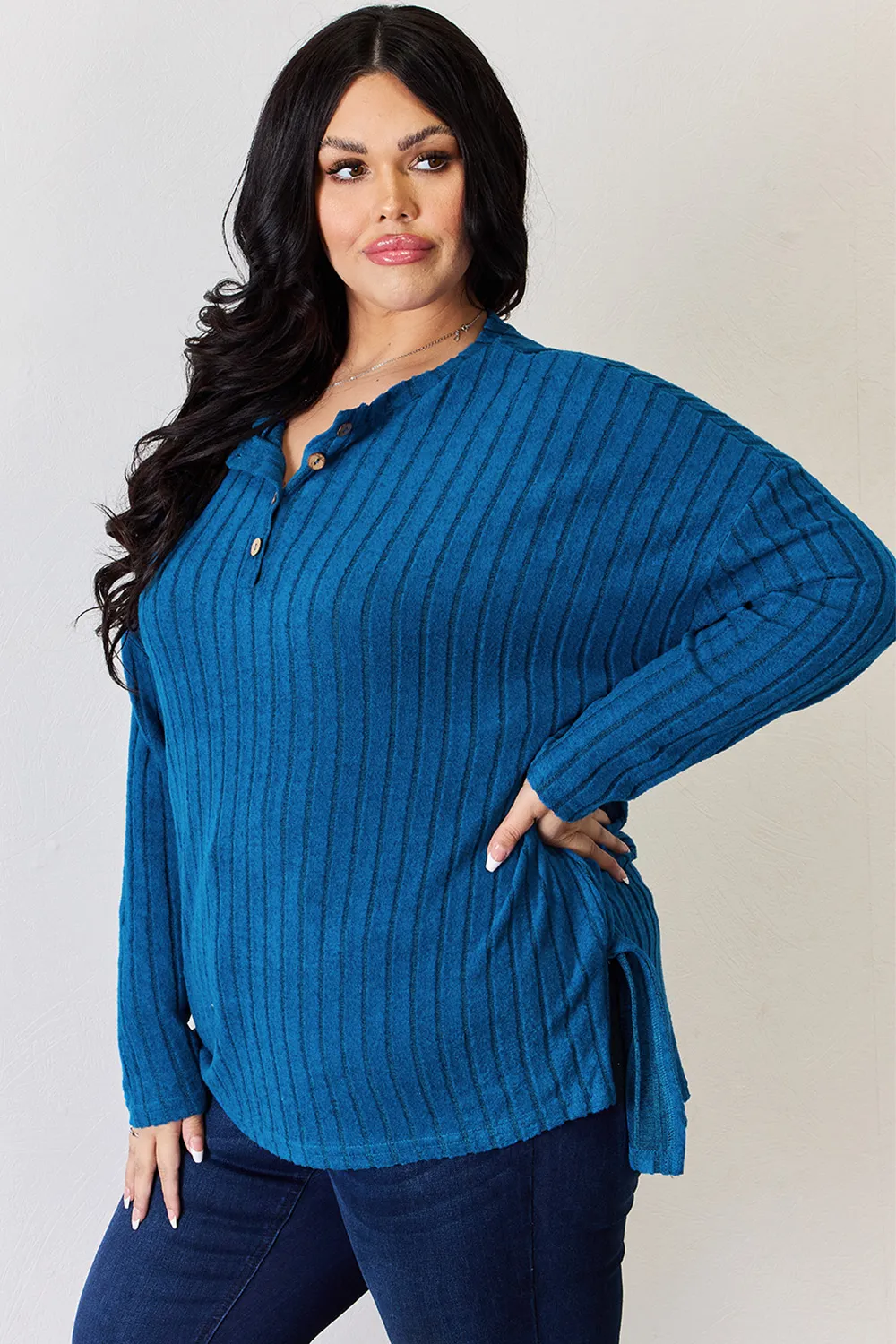 Full Size Ribbed Half Button Long Sleeve High-Low T-Shirt, image 11
