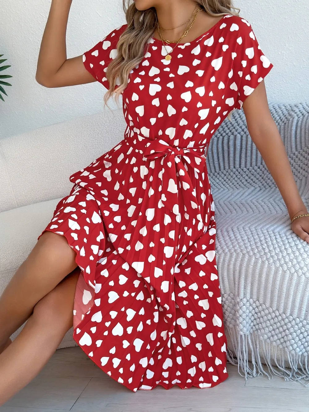 Heart Print Short Sleeve Tie Waist Dress, image 10