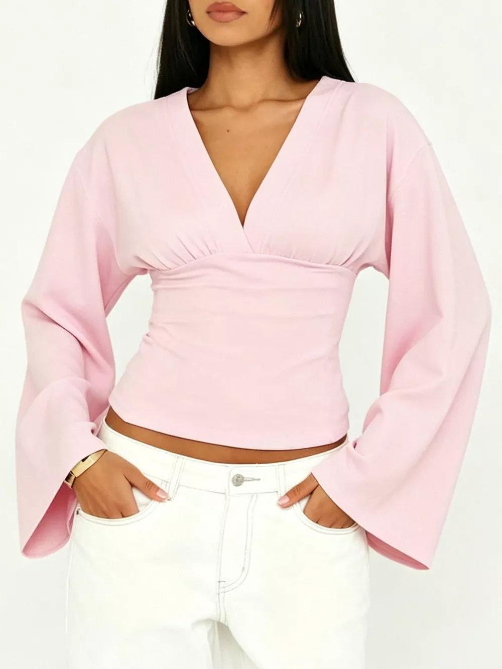 V-Neck Flare Sleeve Blouse, image 4