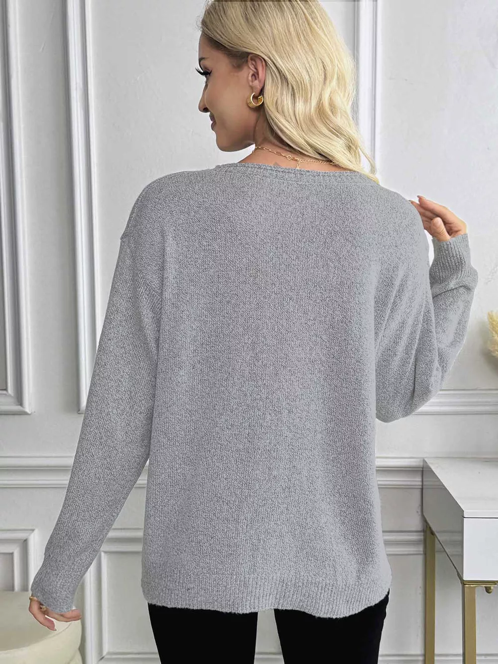 V-Neck Long Sleeve Knit Top, image 7