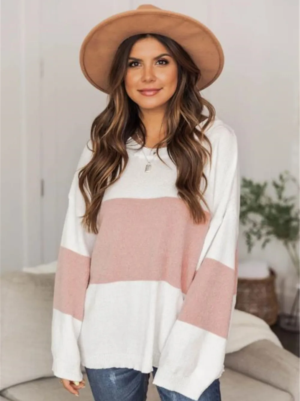 Color Block Round Neck Long Sleeve Sweater, image 2