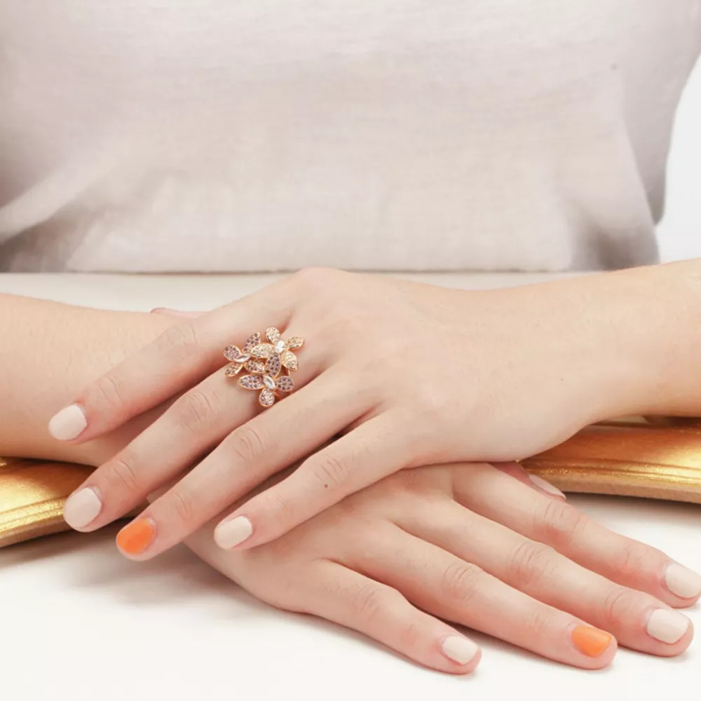 18K Gold-Plated Copper Rhinestone Zircon Flower Ring, image 3