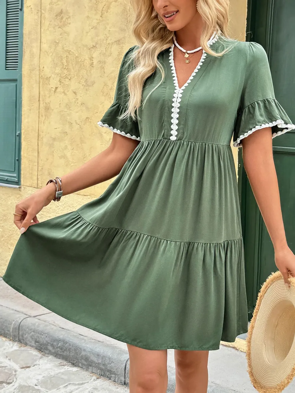 Lace Detail Notched Flounce Sleeve Mini Dress, image 4