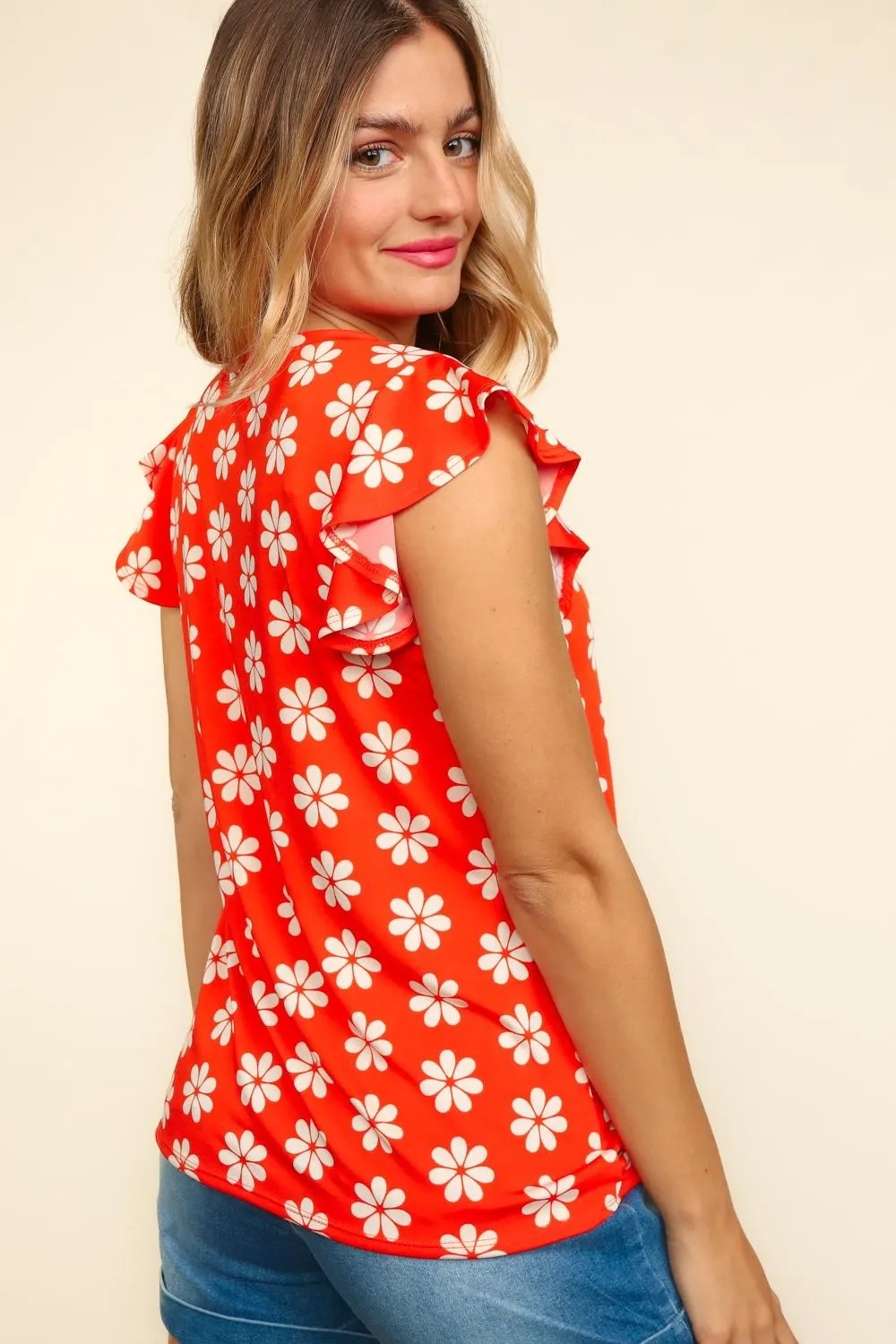Round Neck Ruffled Floral Contrast Knit Top, image 2