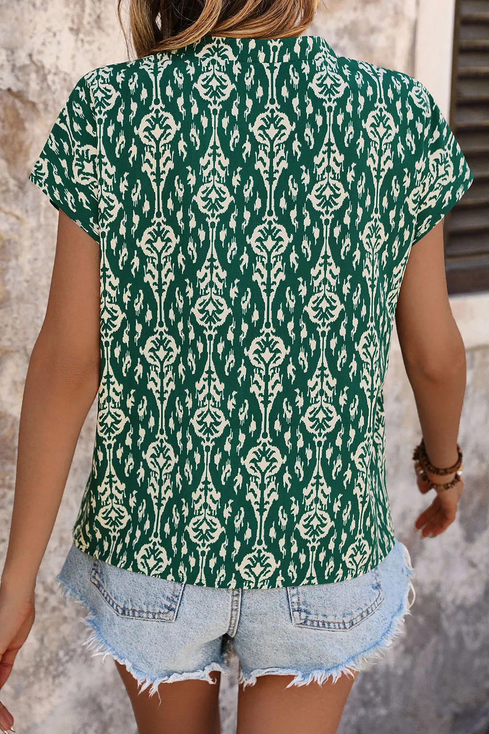 Printed Notched Short Sleeve Blouse, image 2