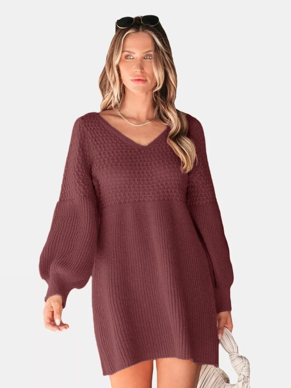 V-Neck Long Sleeve Sweater Dress, image 4