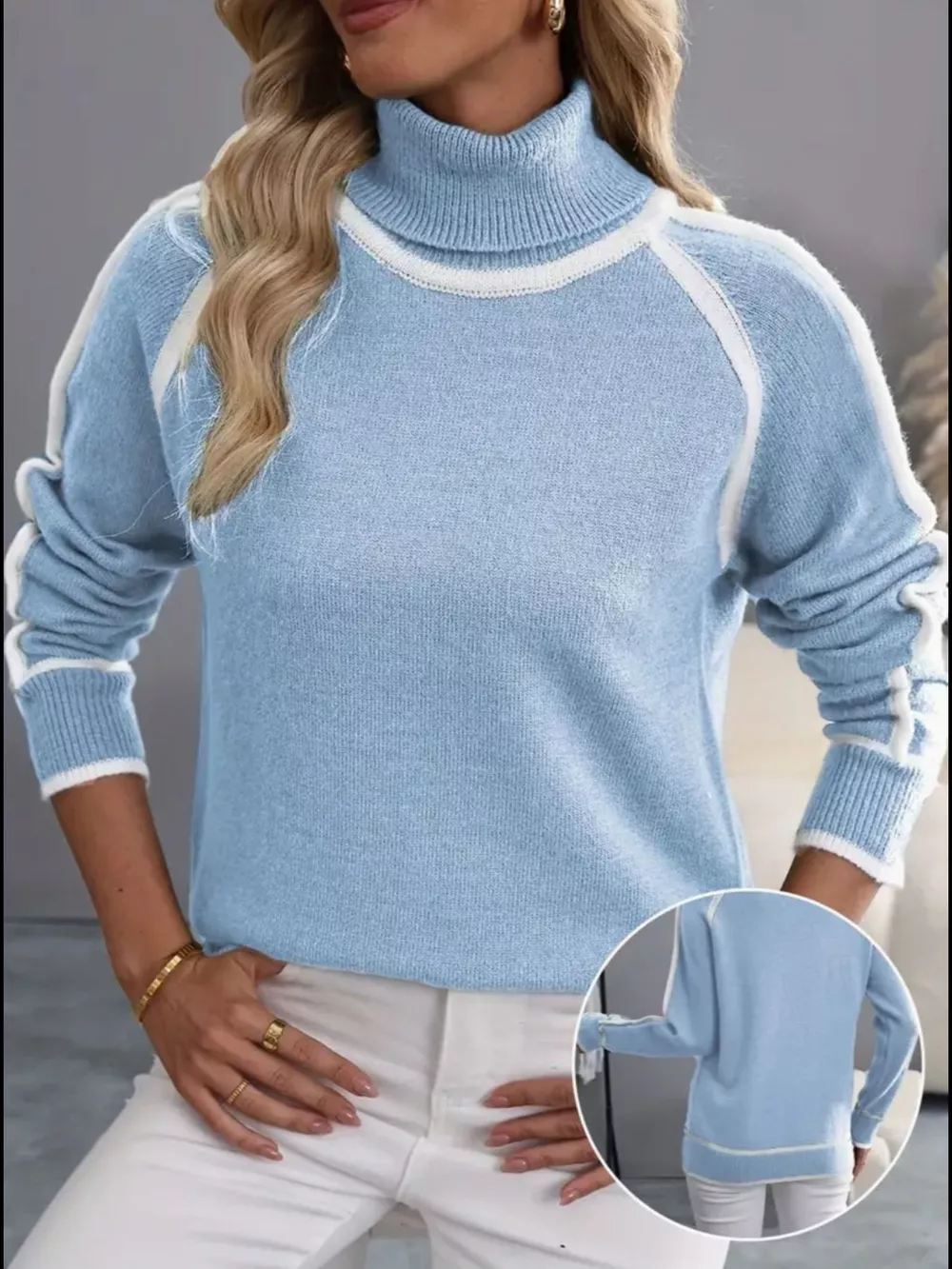 Full Size Turtleneck Contrast Trim Sweater Plus Size, image 15