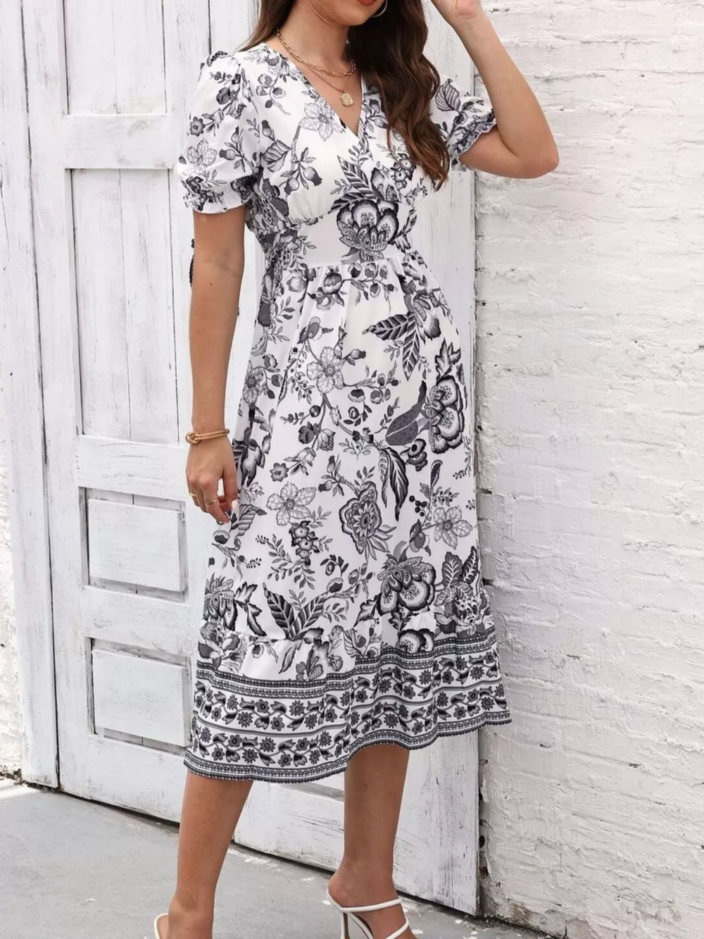 Floral Print Puff Sleeve Wrap Midi Dress, image 29