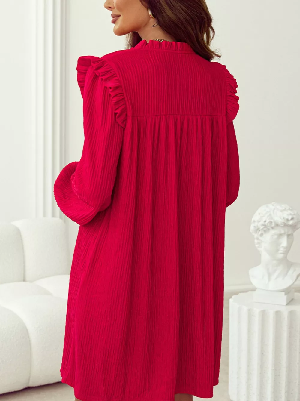 Textured Ruffled Trim Loose Fit Mini Dress, image 3