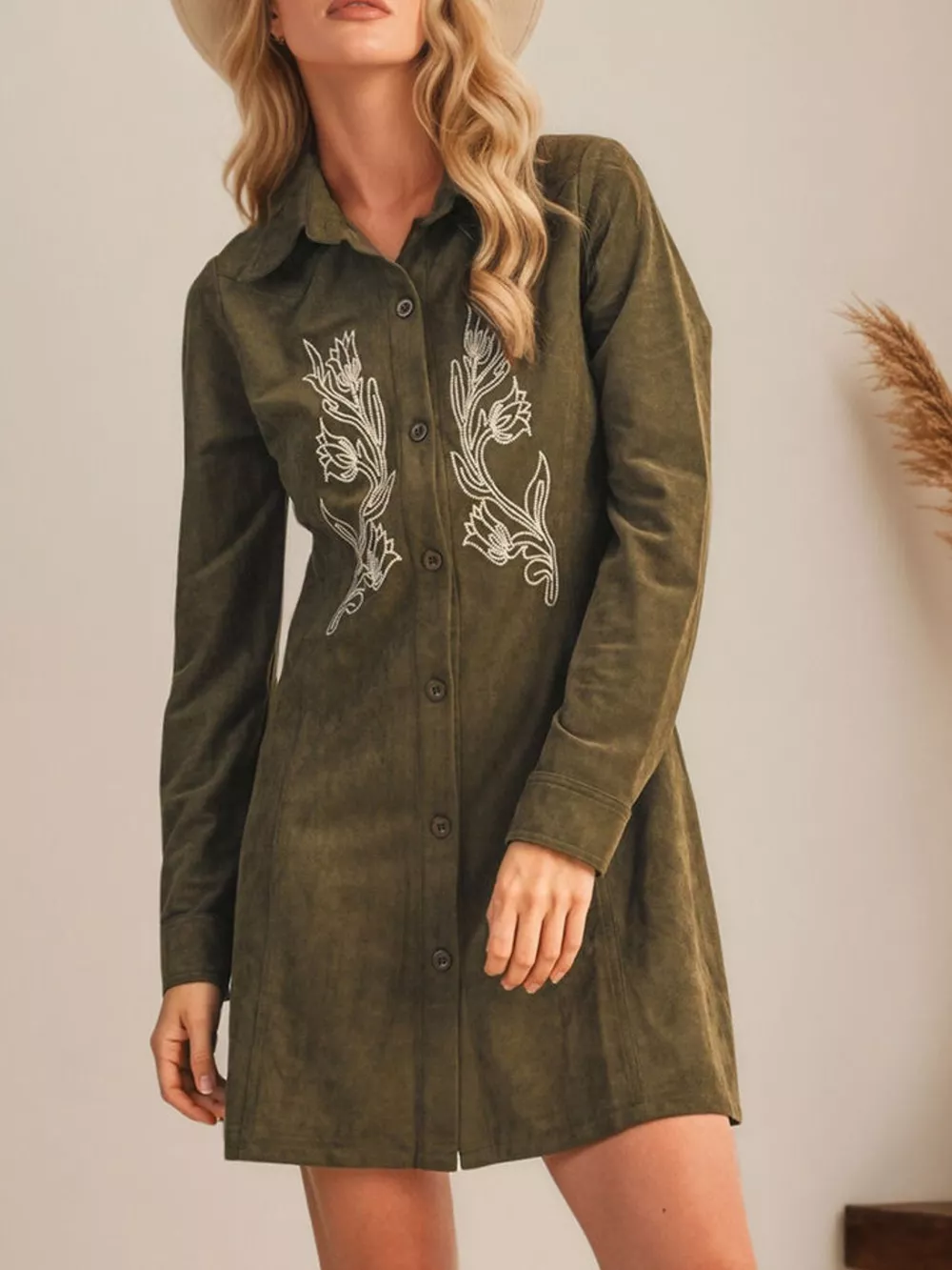 Floral Embroidered Button-Down Shirt Dress, image 4
