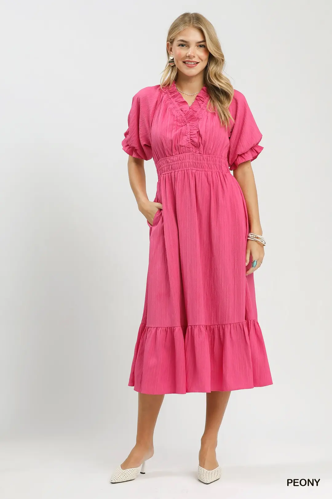 Ruffle V-Neck Midi Dress