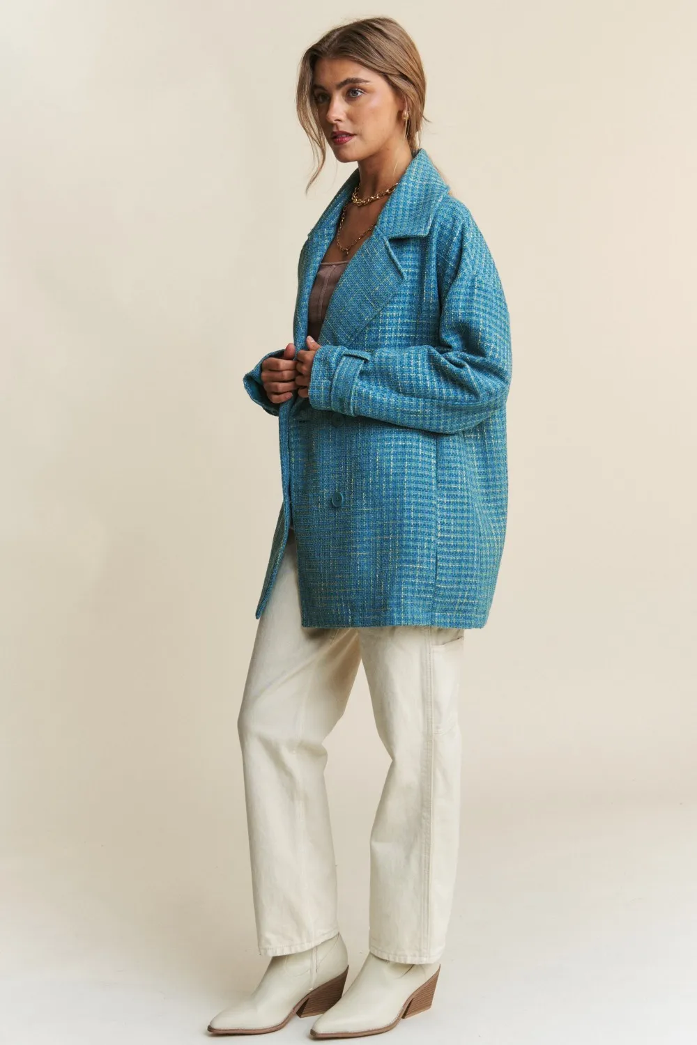 Tweed Double-Breasted Long Sleeve Coat, image 6