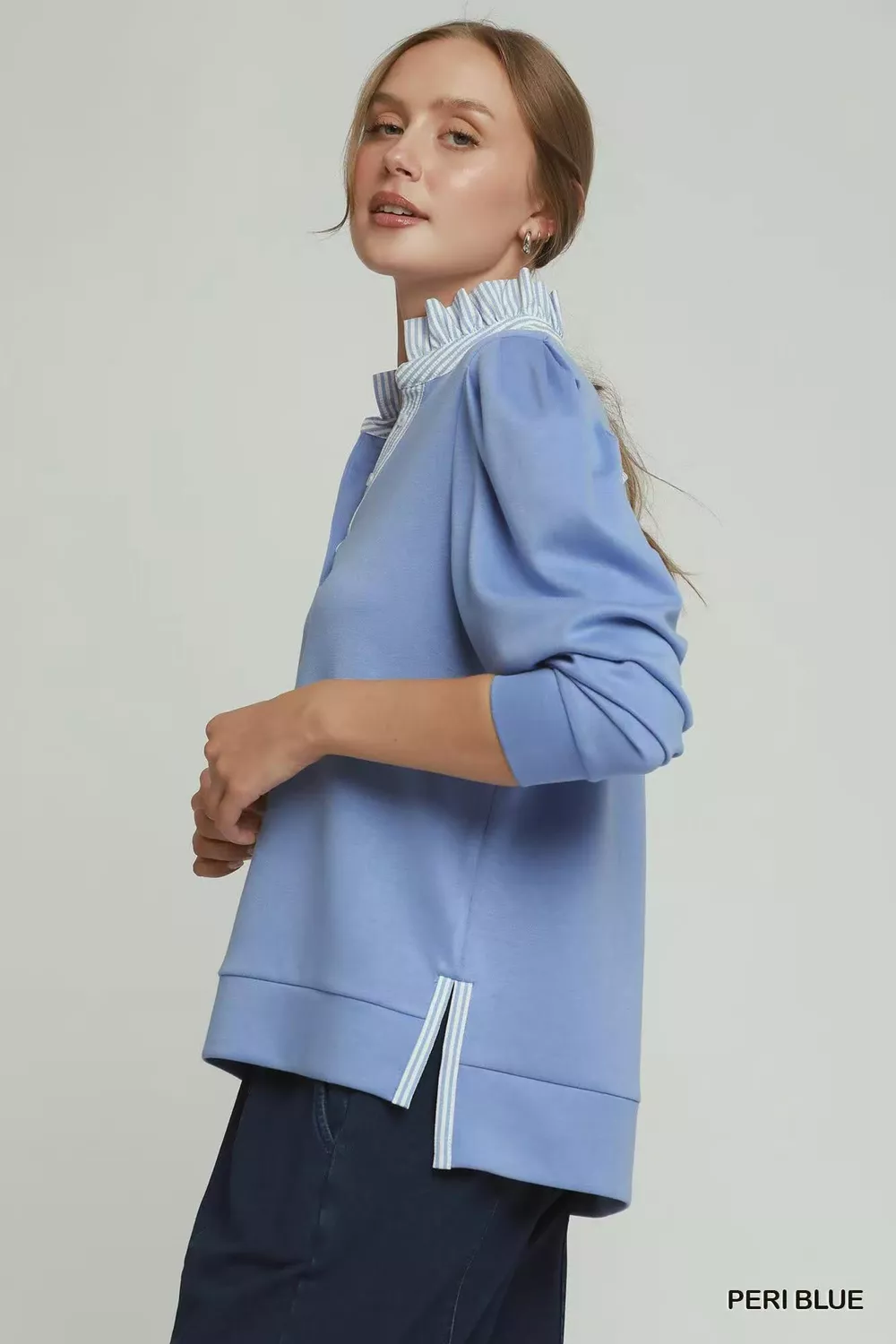 Stripe Ruffle Neck Long Sleeve Top, image 2