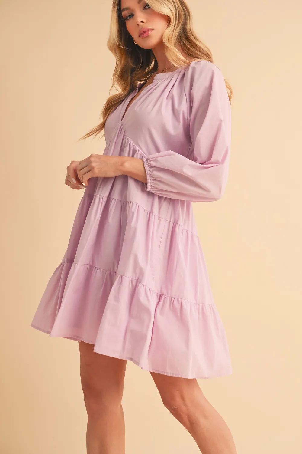Notched Balloon Sleeve Tiered Mini Dress, image 6