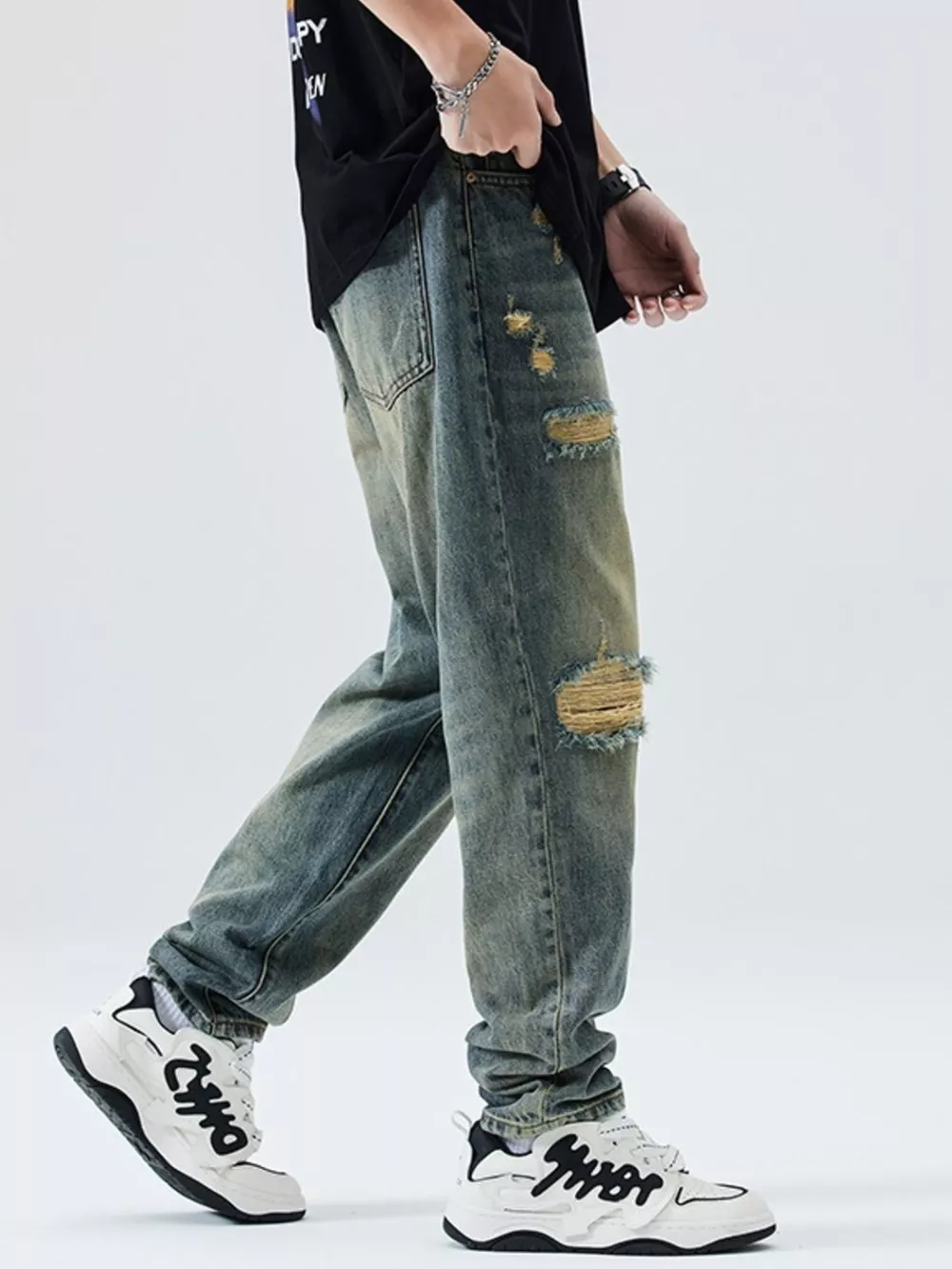 Men's Distressed Wide Leg Relaxed Fit Jeans, image 5