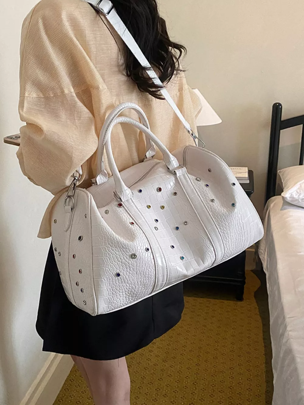 Crocodile Embossed Studded Travel Bag, image 9