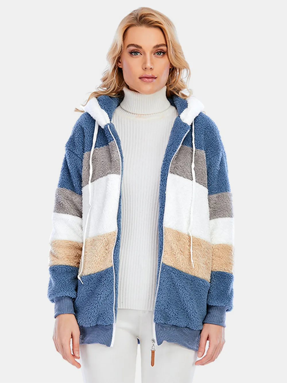 Full Size Drawstring Color Block Zip Up Hooded Outerwear, image 7