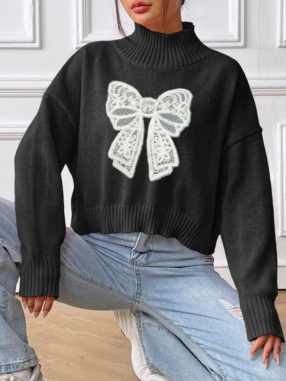 Bow Turtleneck Long Sleeve Sweater, image 3