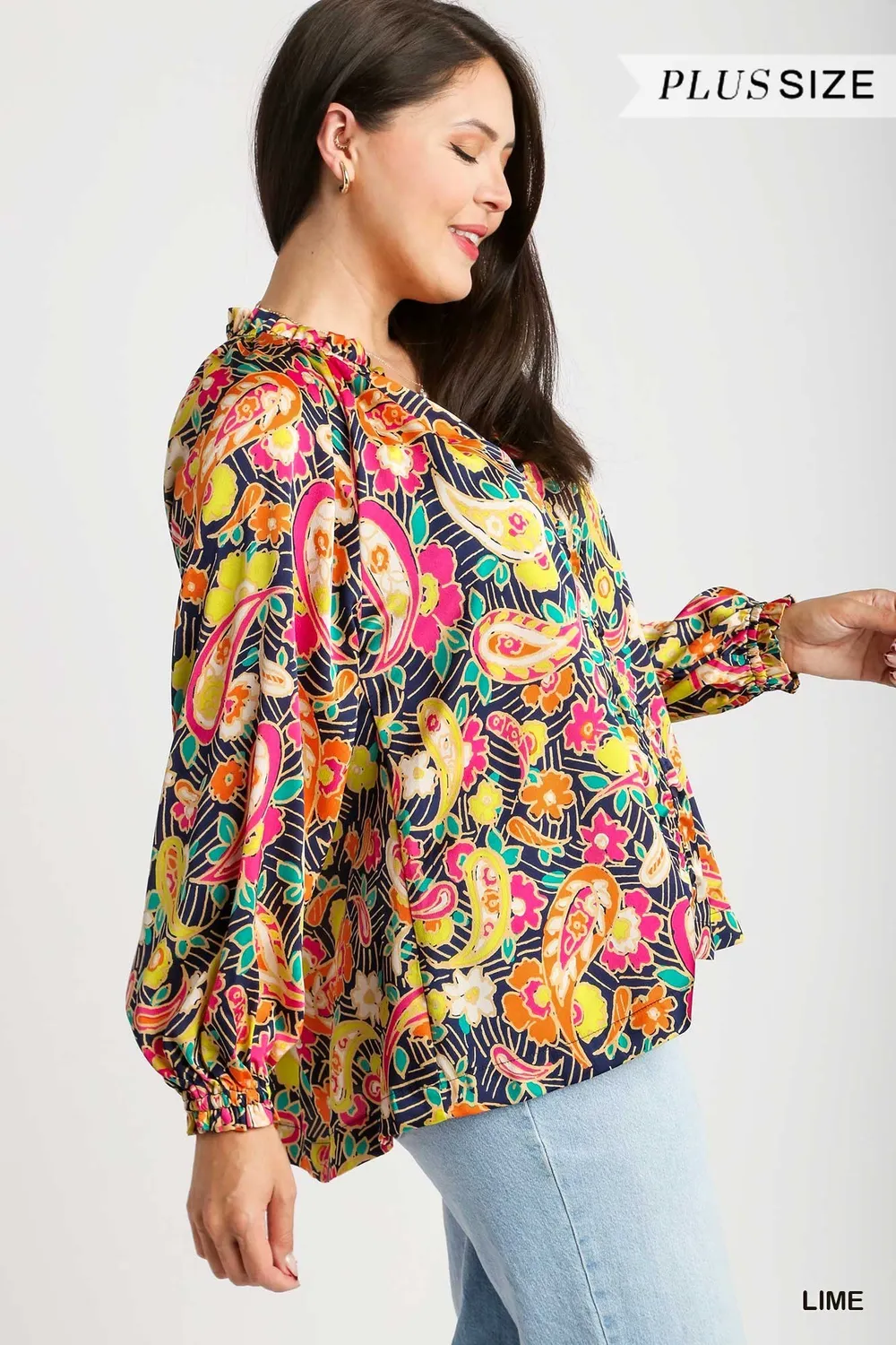 Full Size Satin Paisley Ruffle Neck Button-Up Shirt Plus Size, image 7