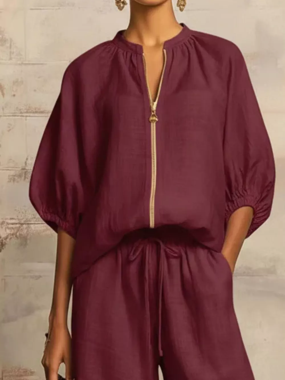 Full Size Zip-Front Top and Wide-Leg Pants Set Plus Size, image 14