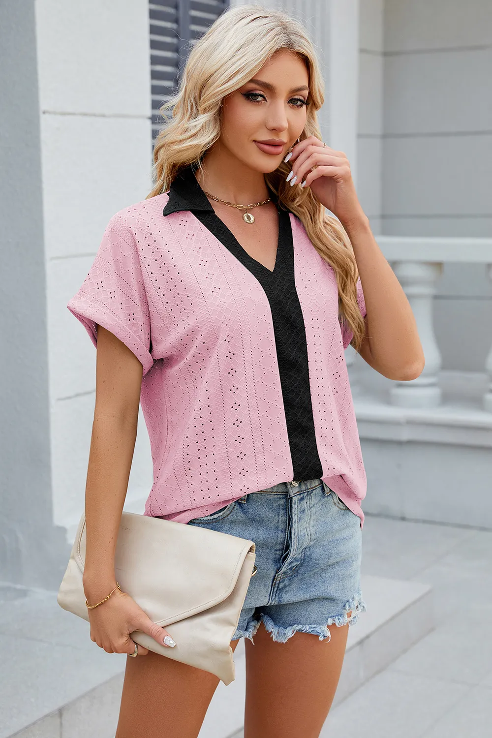 Eyelet Johnny Collar Short Sleeve T-Shirt, image 15