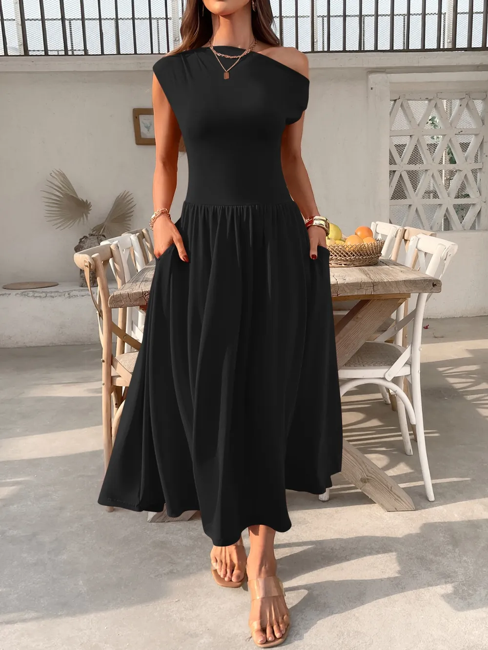 Single Shoulder Dress with Pockets, image 2