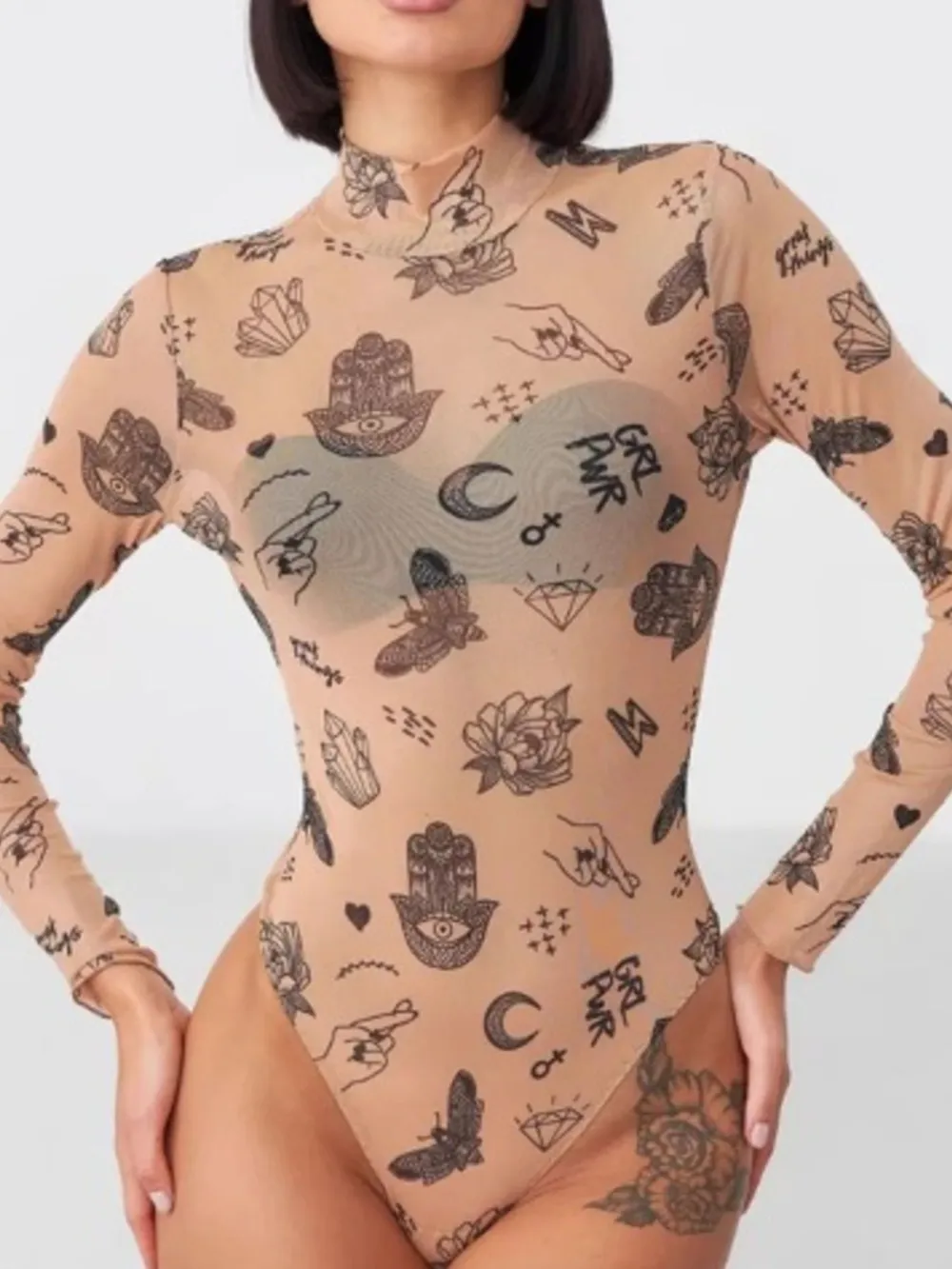 Printed Mock Neck Long Sleeve Bodysuit, image 2